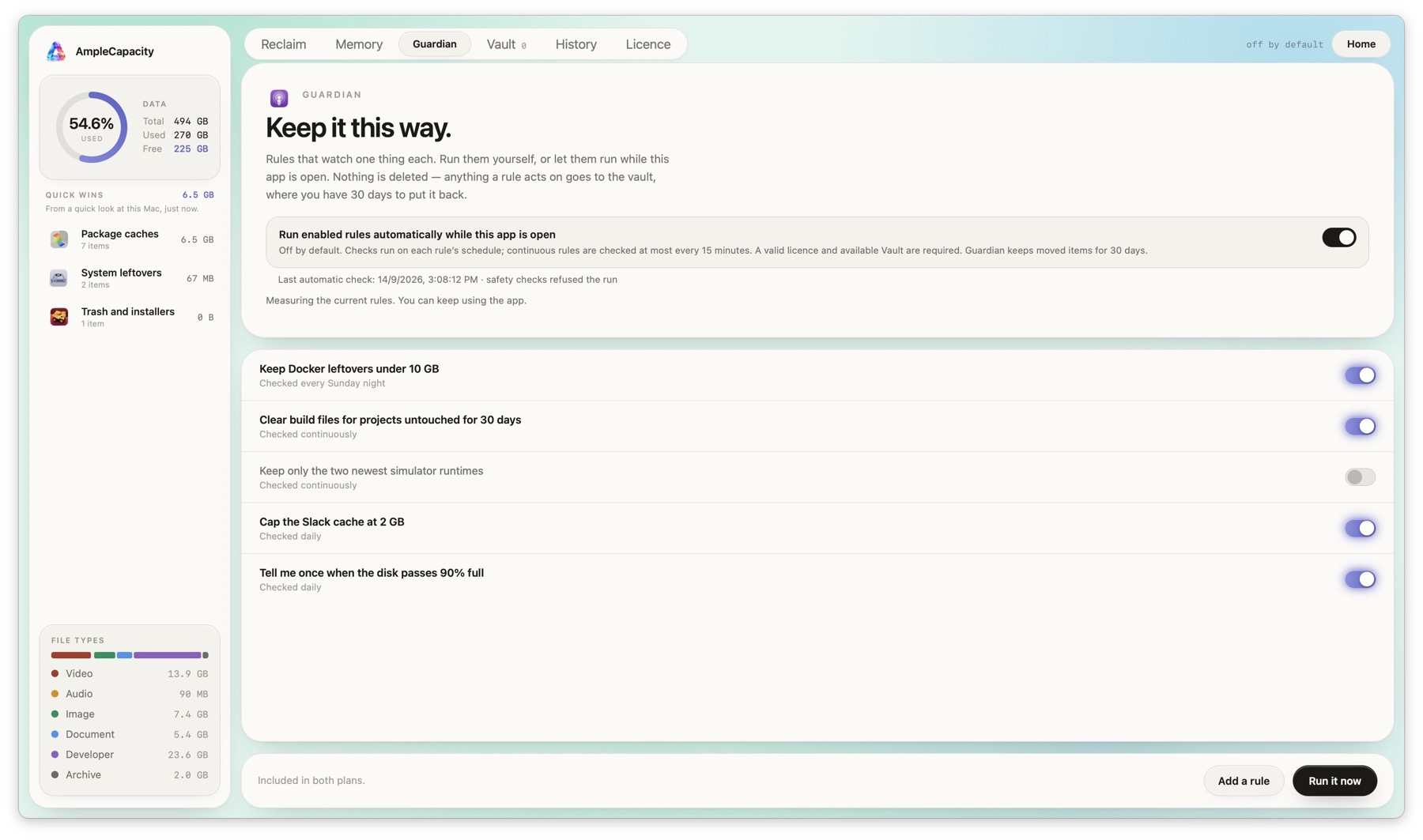 Live AmpleCapacity Guardian rules screen
