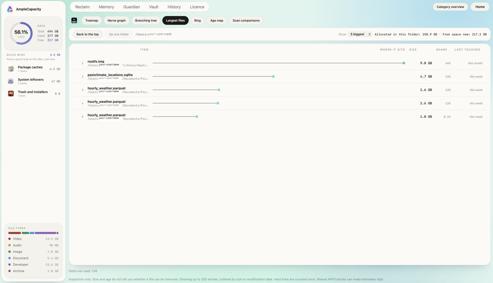 Live largest files list