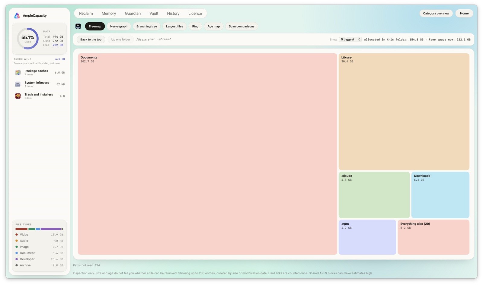 Live treemap visualization of disk allocation