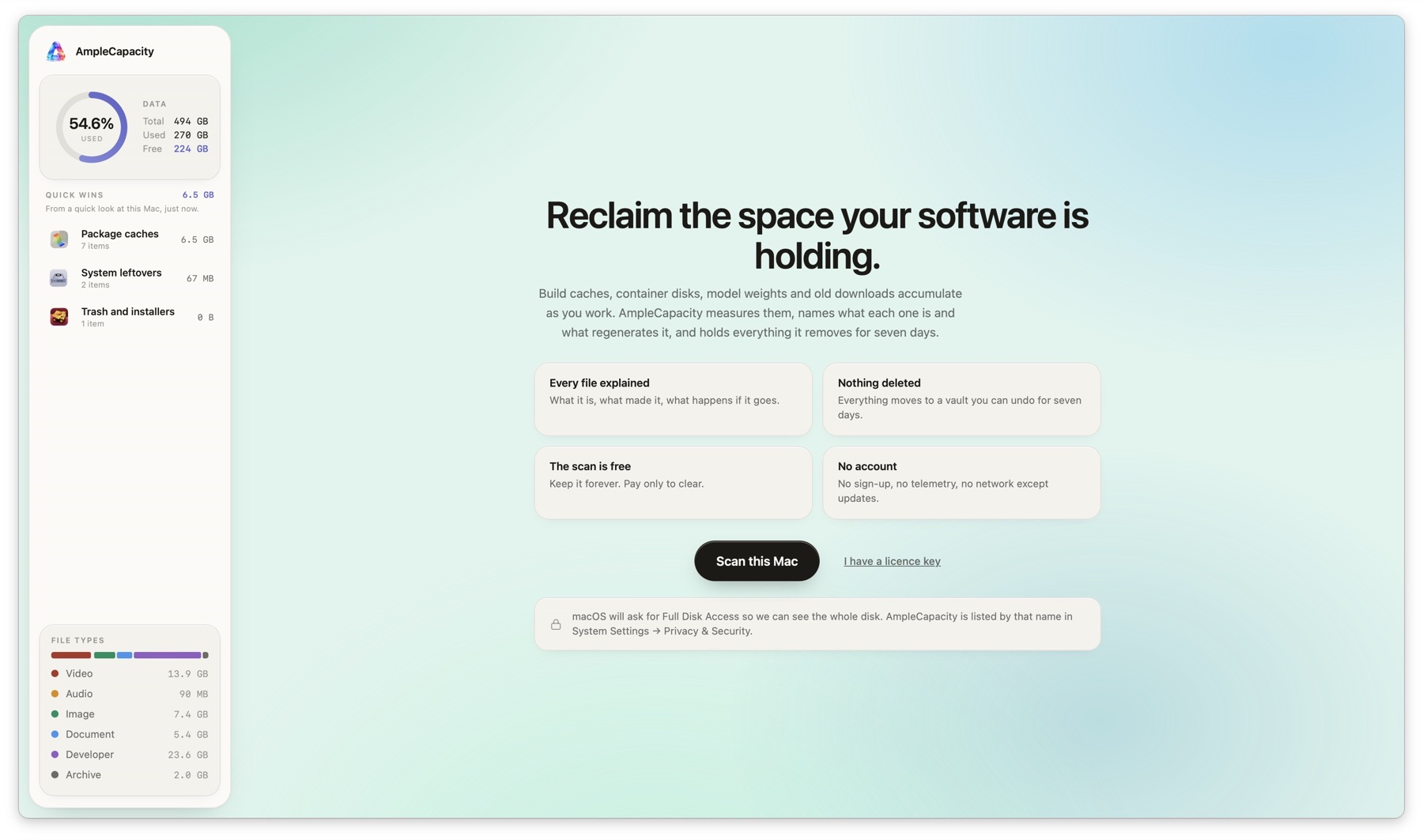 Current AmpleCapacity welcome screen showing 6.5 GB of quick wins on a Mac